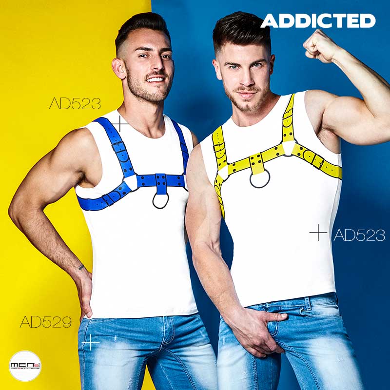 For the friends of the fetish scene a men tank with Harness bulldock print in the color code colors red, yellow, white, blue here AD523