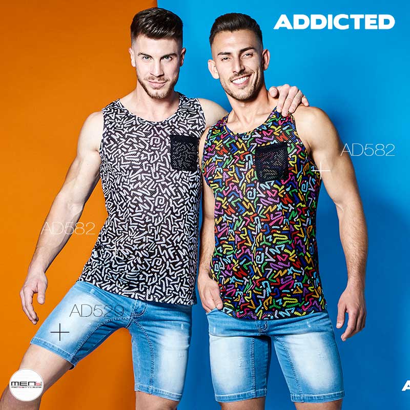 Men and boys tanks in wild look. Here retro lines and polyps form, chaos print of the pointed class AD582