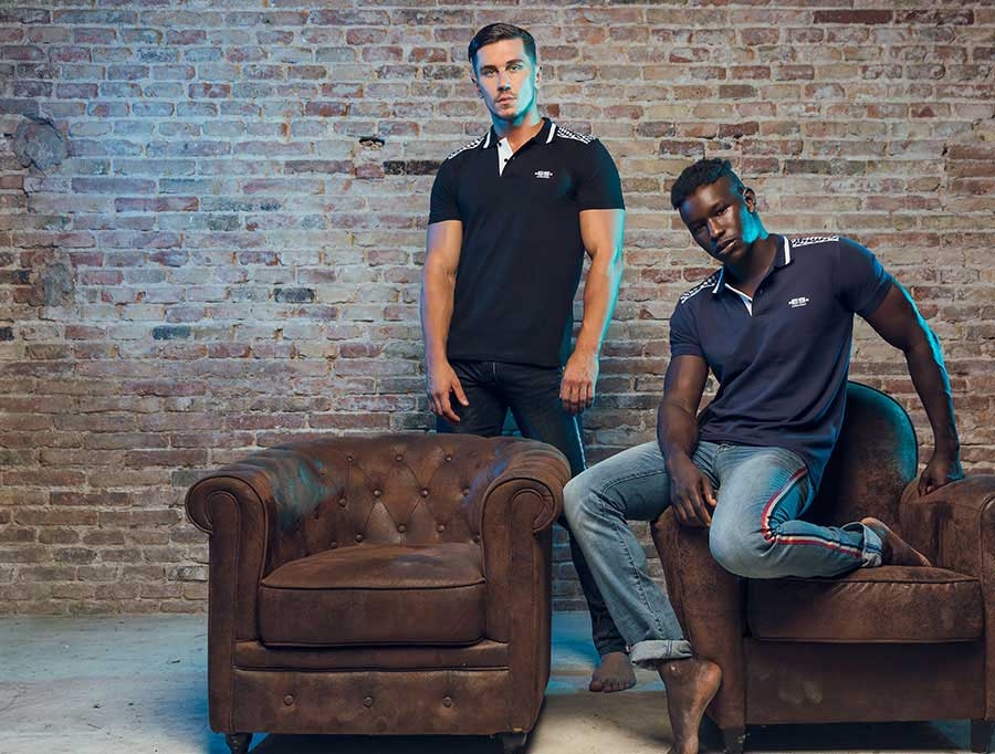 Men's polo shirts and denim pants in the ES Collection fashion collection